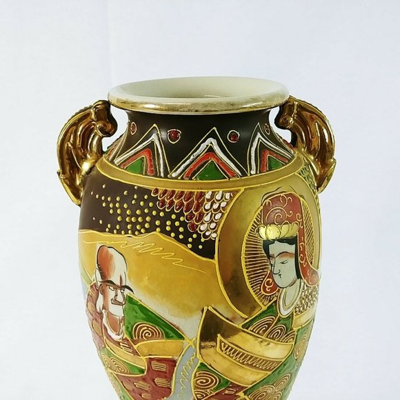 Satsuma Japanese Vase Enamel Moriage Details Gold Immortals 12" Handles - Picture 2 of 9